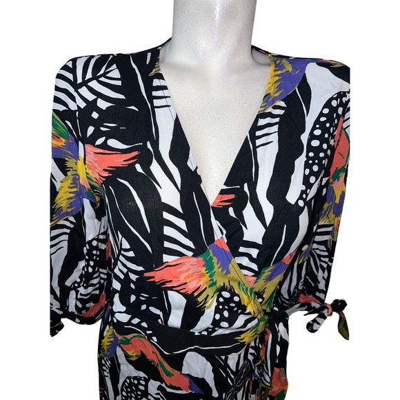 NY & Co. Women's Size S Tropical Bird Print Wrap Midi Dress Black White Small - Picture 2 of 7